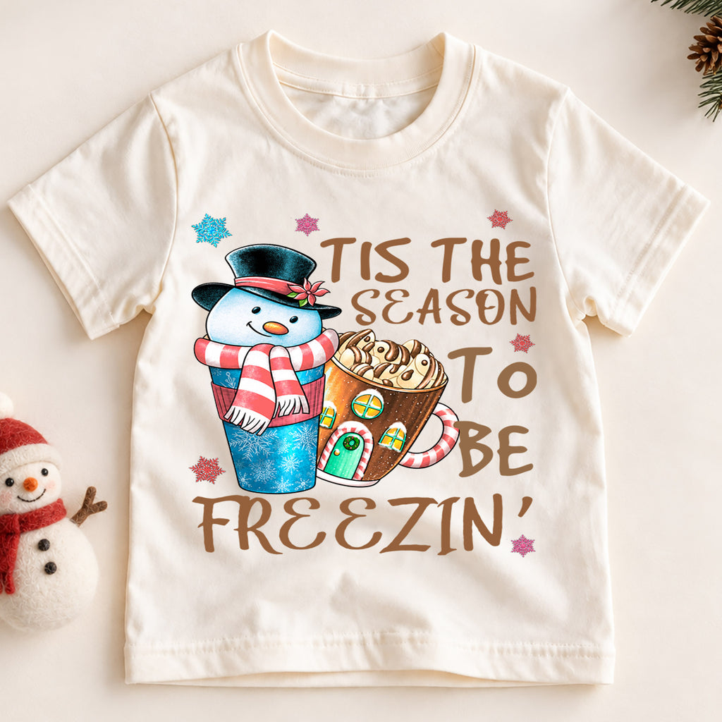 Tis the Season to Be Freezin Kids Christmas Shirt, Snowman Hot Cocoa Holiday Tee, Funny Winter T Shirt, Cute Xmas Gift for Kids — product view 2