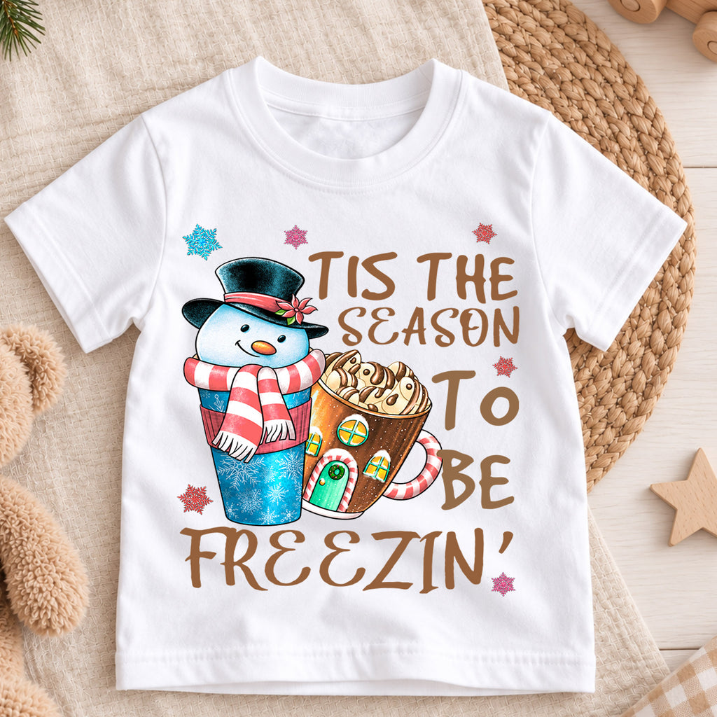 Tis the Season to Be Freezin Kids Christmas Shirt, Snowman Hot Cocoa Holiday Tee, Funny Winter T Shirt, Cute Xmas Gift for Kids — product view 3