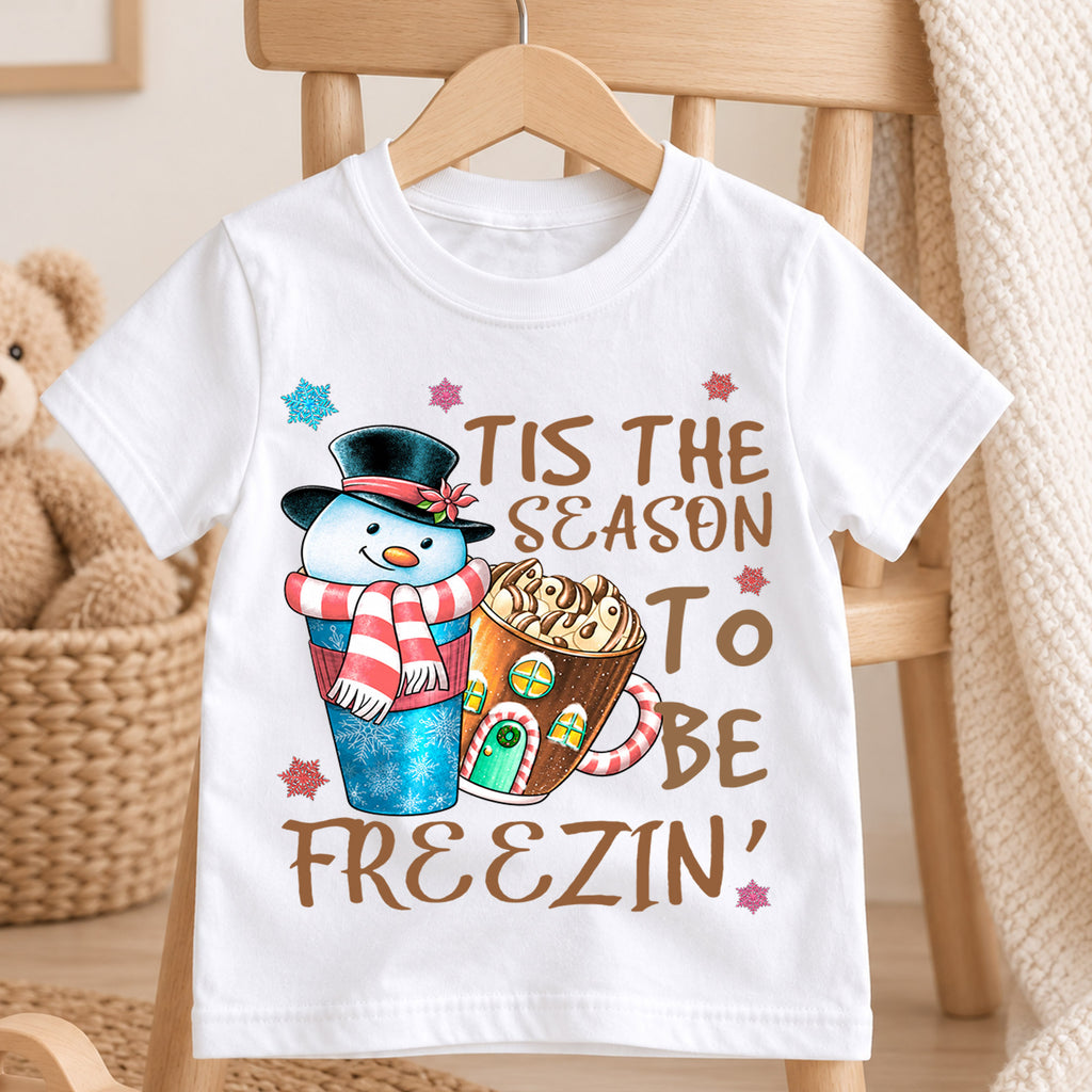 Tis the Season to Be Freezin Kids Christmas Shirt, Snowman Hot Cocoa Holiday Tee, Funny Winter T Shirt, Cute Xmas Gift for Kids — product view 4