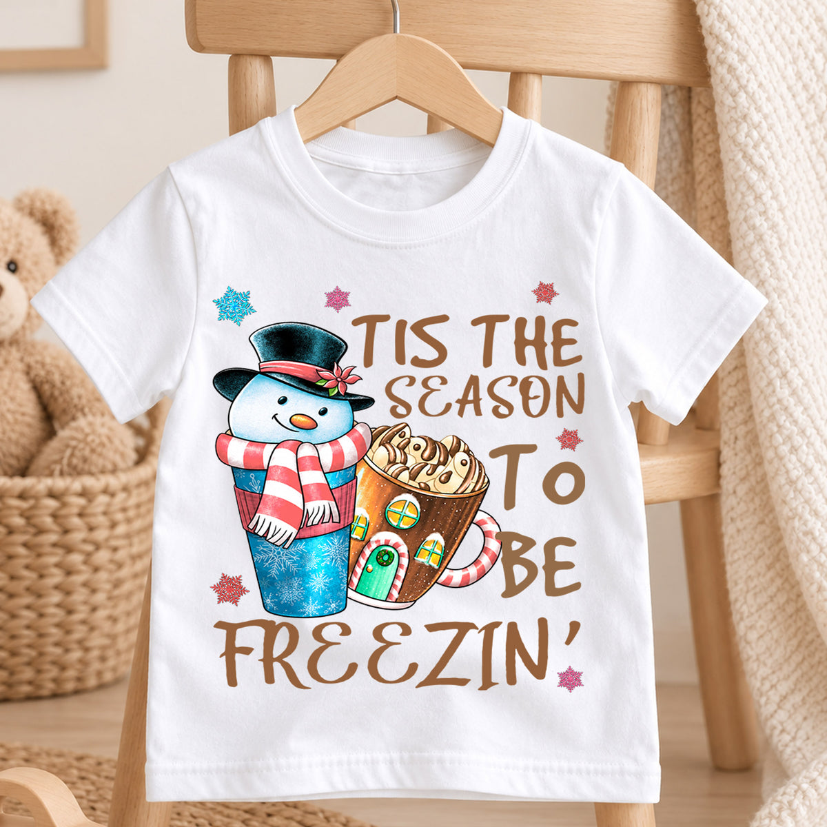 Tis the Season to Be Freezin Kids Christmas Shirt, Snowman Hot Cocoa Holiday Tee, Funny Winter T Shirt, Cute Xmas Gift for Kids — product view 4