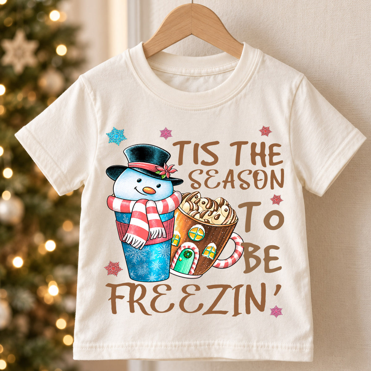 Tis the Season to Be Freezin Kids Christmas Shirt, Snowman Hot Cocoa Holiday Tee, Funny Winter T Shirt, Cute Xmas Gift for Kids — product view 5