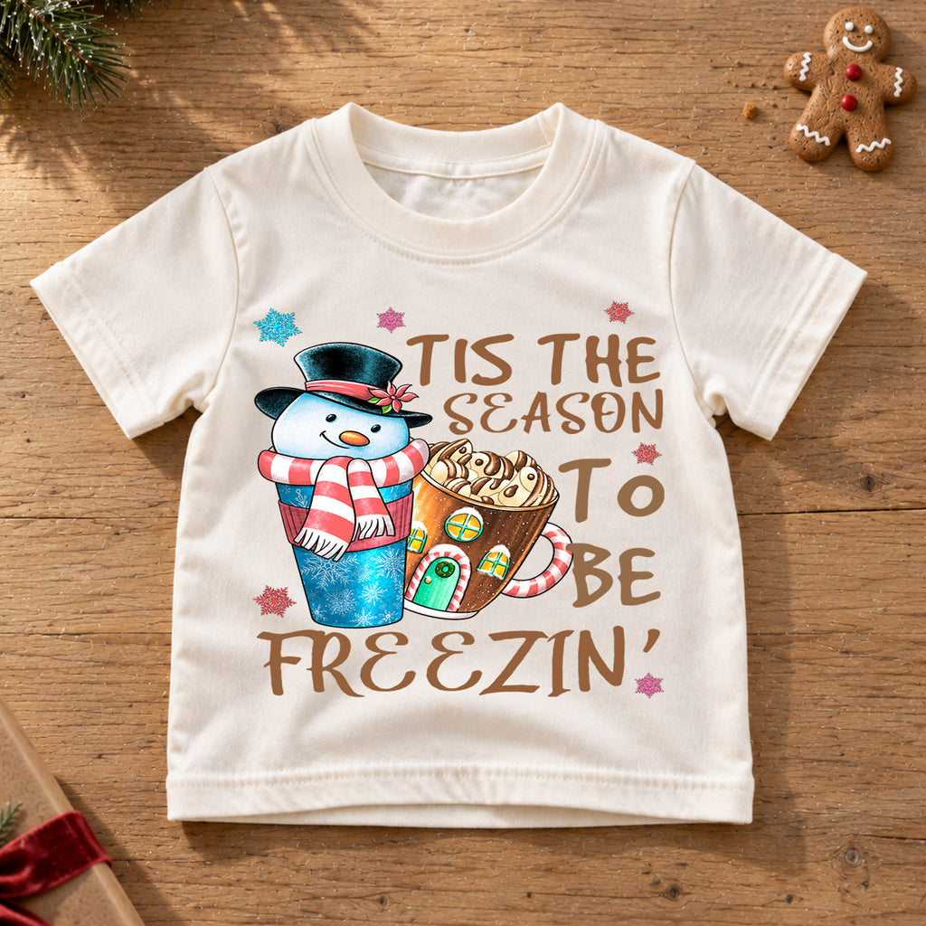 Tis the Season to Be Freezin Kids Christmas Shirt, Snowman Hot Cocoa Holiday Tee, Funny Winter T Shirt, Cute Xmas Gift for Kids — product view 6