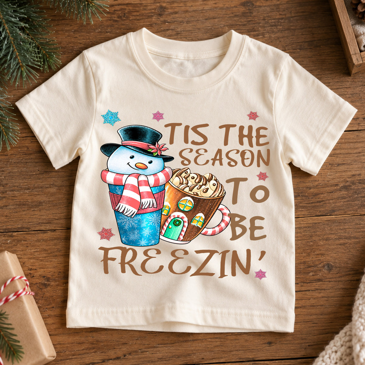 Tis the Season to Be Freezin Kids Christmas Shirt, Snowman Hot Cocoa Holiday Tee, Funny Winter T Shirt, Cute Xmas Gift for Kids — product view 7