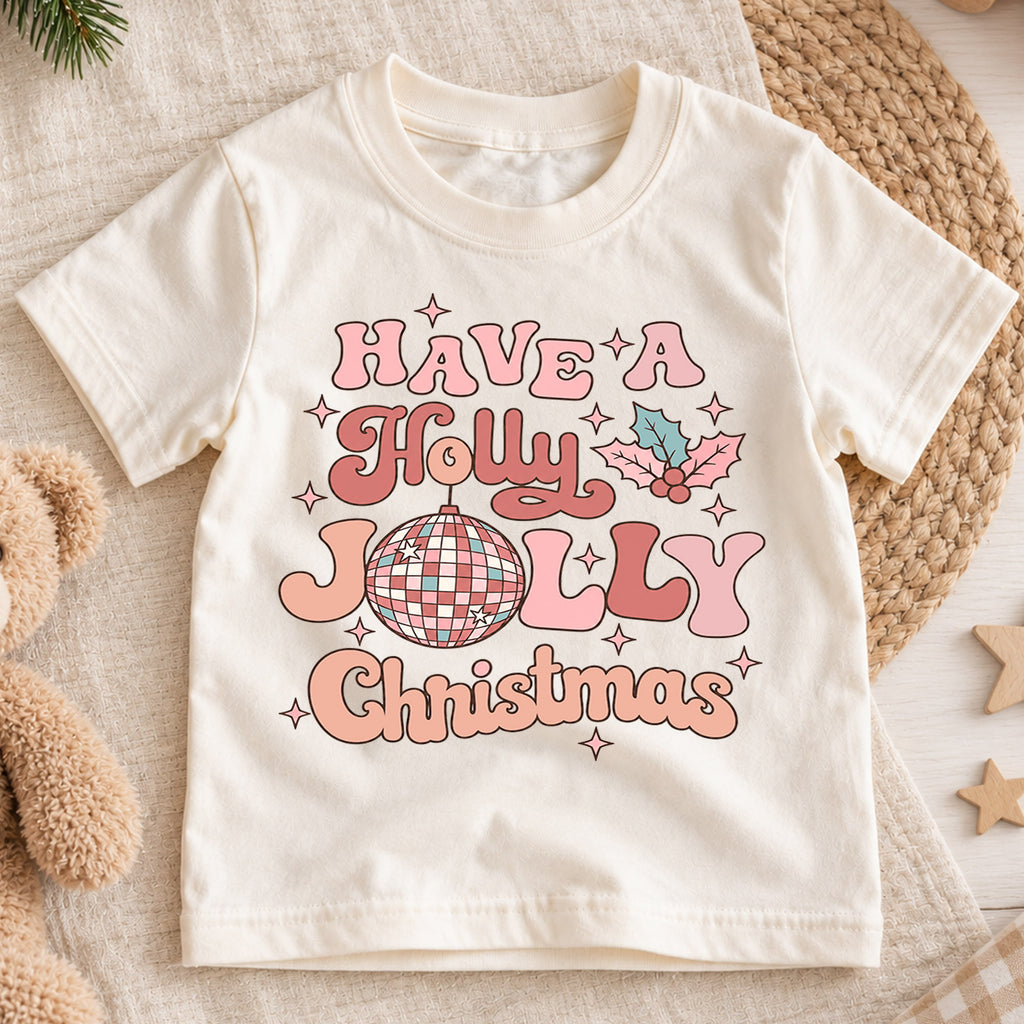 Holly Jolly Christmas Kids Shirt, Pink Disco Ball Holiday Tee, Retro Groovy Christmas T Shirt, Cute Xmas Gift for Girls — product view 1