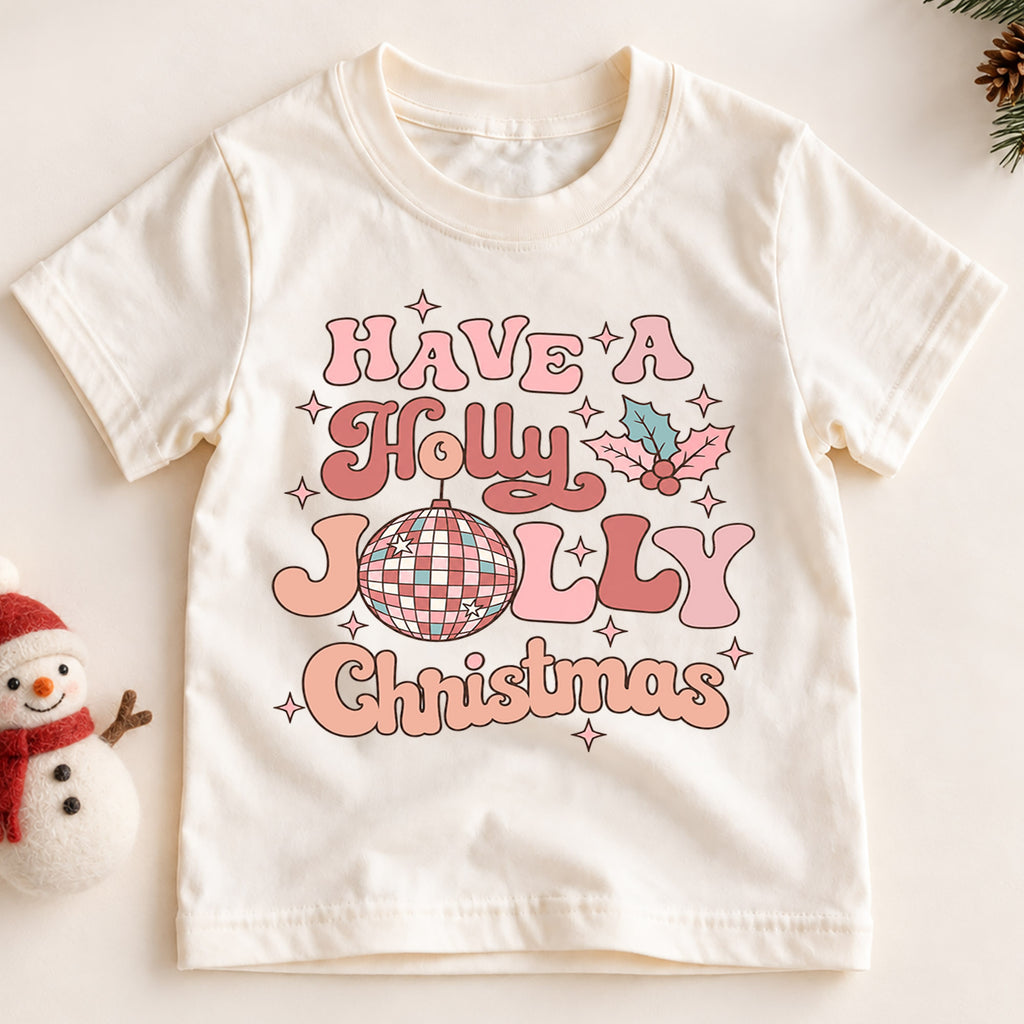 Holly Jolly Christmas Kids Shirt, Pink Disco Ball Holiday Tee, Retro Groovy Christmas T Shirt, Cute Xmas Gift for Girls — product view 2