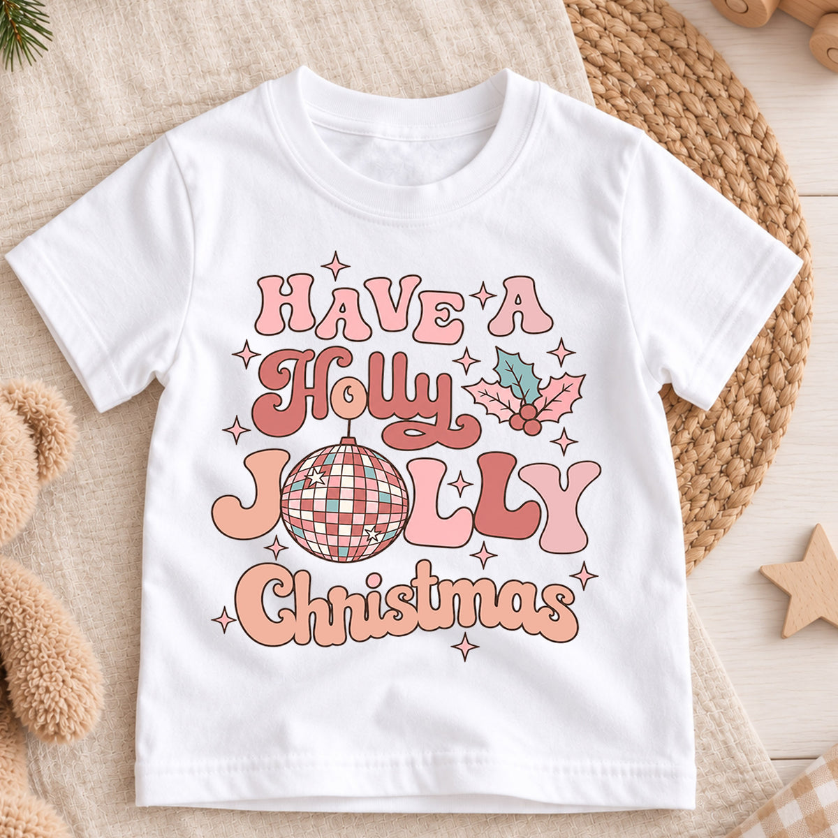 Holly Jolly Christmas Kids Shirt, Pink Disco Ball Holiday Tee, Retro Groovy Christmas T Shirt, Cute Xmas Gift for Girls — product view 3
