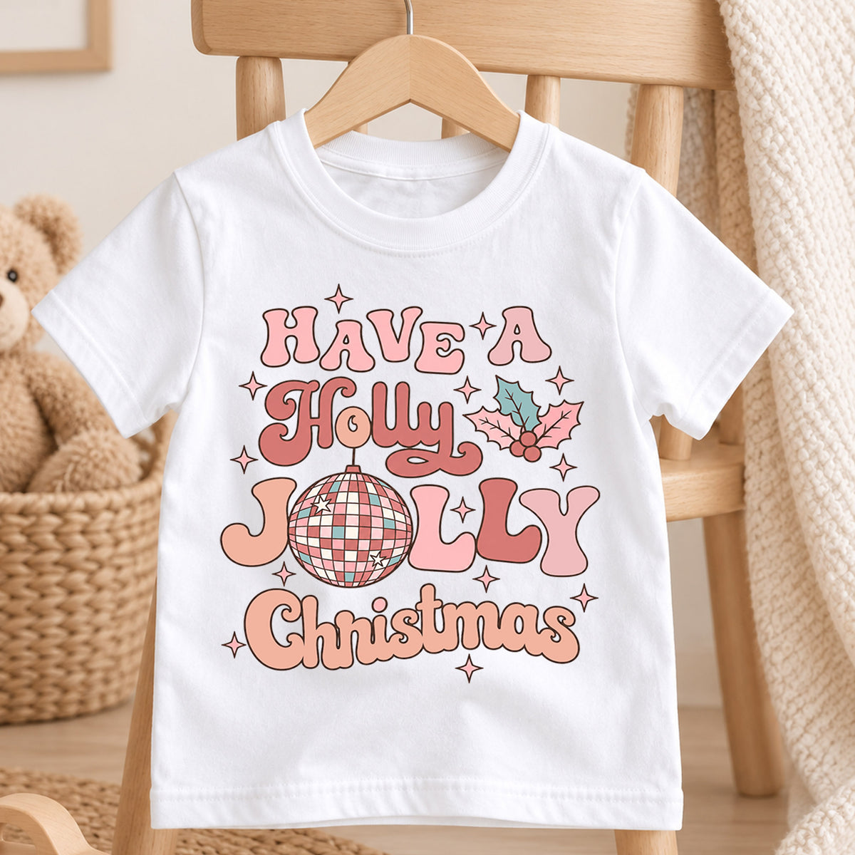 Holly Jolly Christmas Kids Shirt, Pink Disco Ball Holiday Tee, Retro Groovy Christmas T Shirt, Cute Xmas Gift for Girls — product view 4