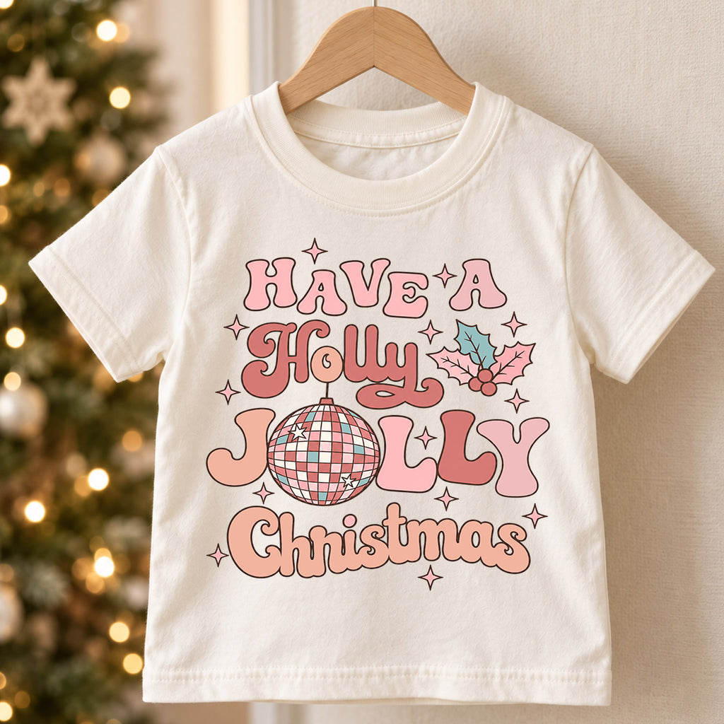 Holly Jolly Christmas Kids Shirt, Pink Disco Ball Holiday Tee, Retro Groovy Christmas T Shirt, Cute Xmas Gift for Girls — product view 5