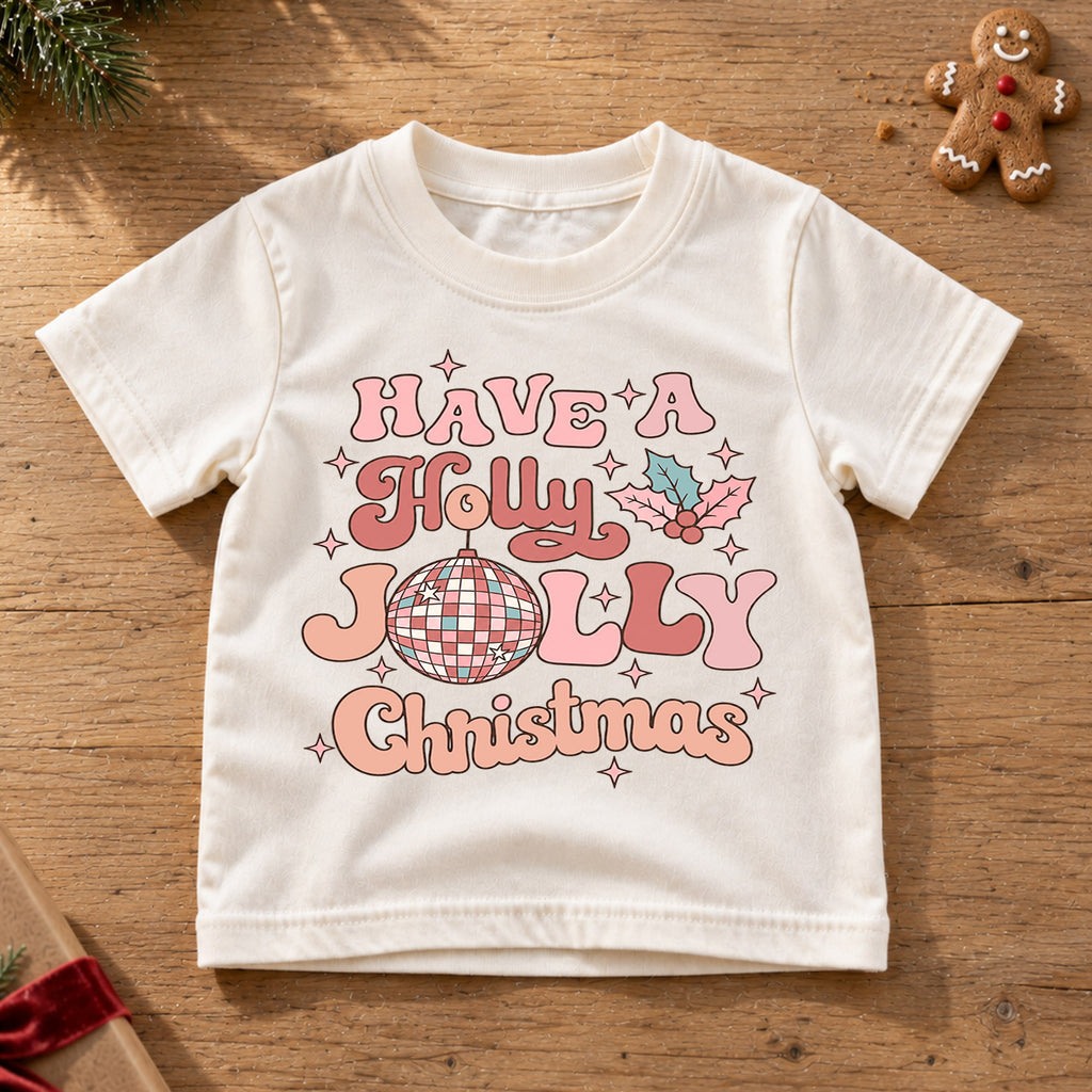 Holly Jolly Christmas Kids Shirt, Pink Disco Ball Holiday Tee, Retro Groovy Christmas T Shirt, Cute Xmas Gift for Girls — product view 6