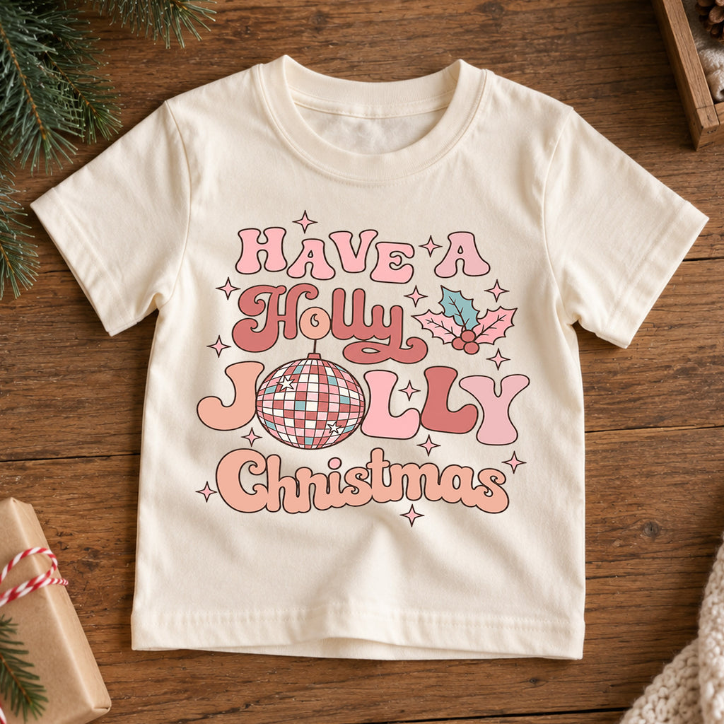 Holly Jolly Christmas Kids Shirt, Pink Disco Ball Holiday Tee, Retro Groovy Christmas T Shirt, Cute Xmas Gift for Girls — product view 7
