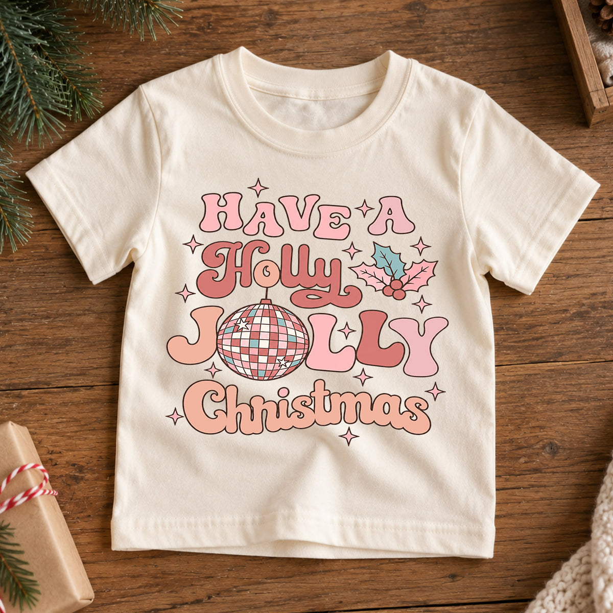 Holly Jolly Christmas Kids Shirt, Pink Disco Ball Holiday Tee, Retro Groovy Christmas T Shirt, Cute Xmas Gift for Girls — product view 7