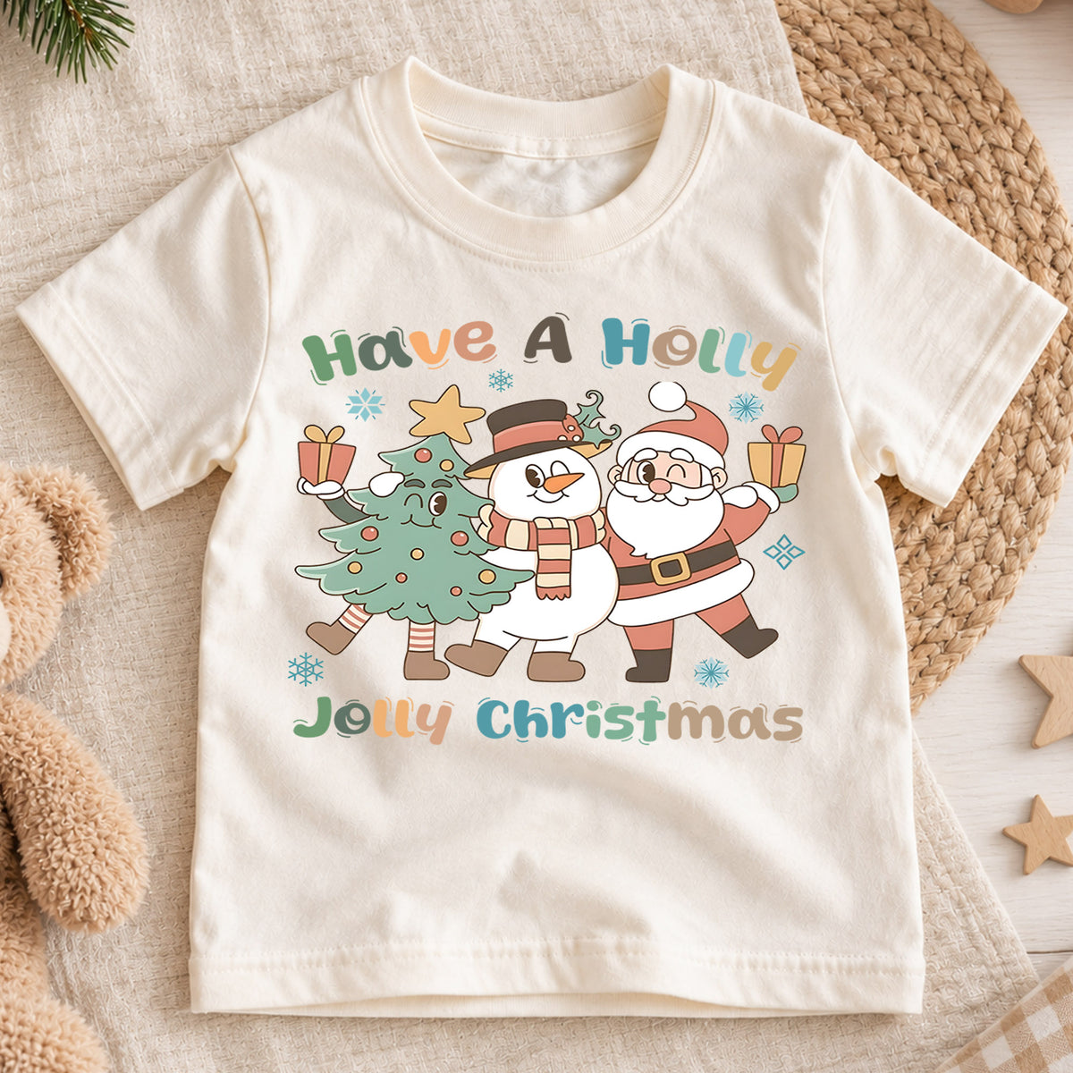 Have A Holly Jolly Christmas Kids Shirt, Cute Santa Snowman Christmas Tree Holiday Tee, Retro Xmas T Shirt, Festive Gift for Kids — product view 1