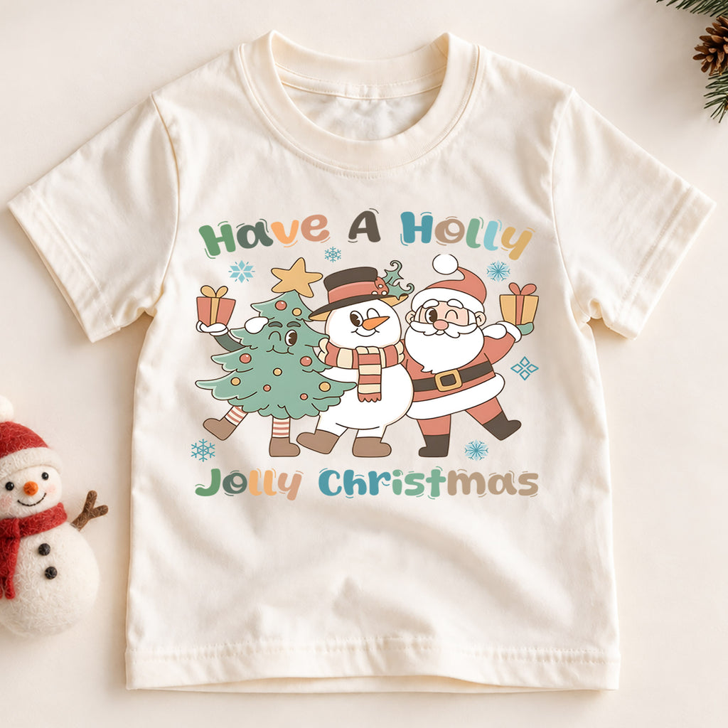 Have A Holly Jolly Christmas Kids Shirt, Cute Santa Snowman Christmas Tree Holiday Tee, Retro Xmas T Shirt, Festive Gift for Kids — product view 2