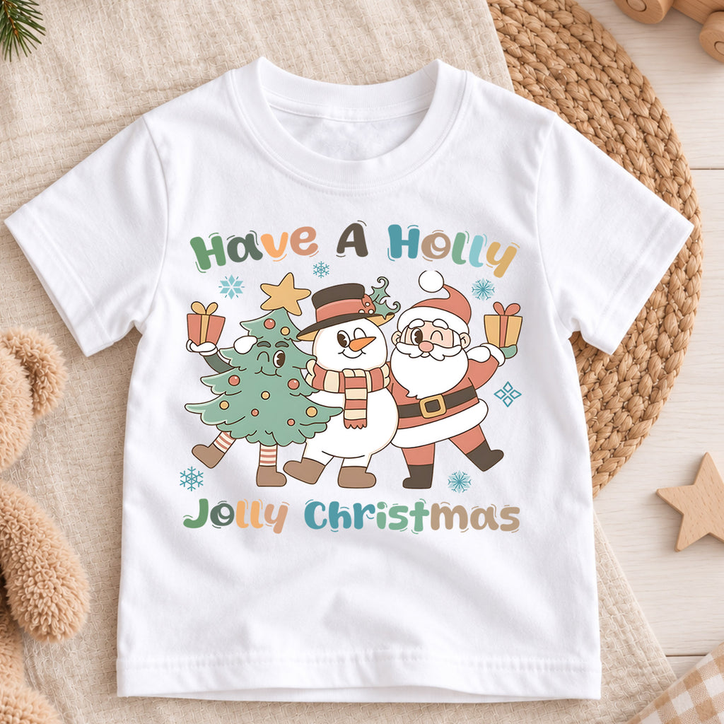 Have A Holly Jolly Christmas Kids Shirt, Cute Santa Snowman Christmas Tree Holiday Tee, Retro Xmas T Shirt, Festive Gift for Kids — product view 3