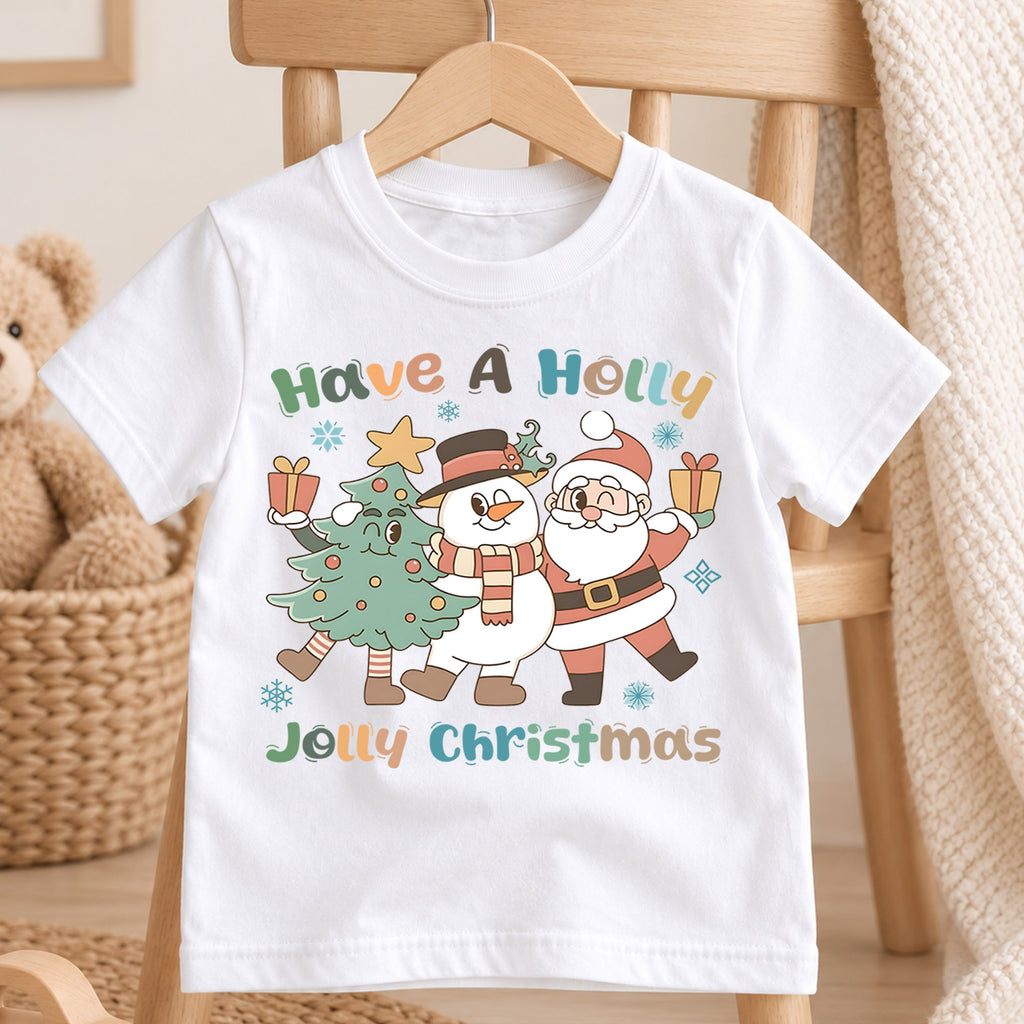 Have A Holly Jolly Christmas Kids Shirt, Cute Santa Snowman Christmas Tree Holiday Tee, Retro Xmas T Shirt, Festive Gift for Kids — product view 4