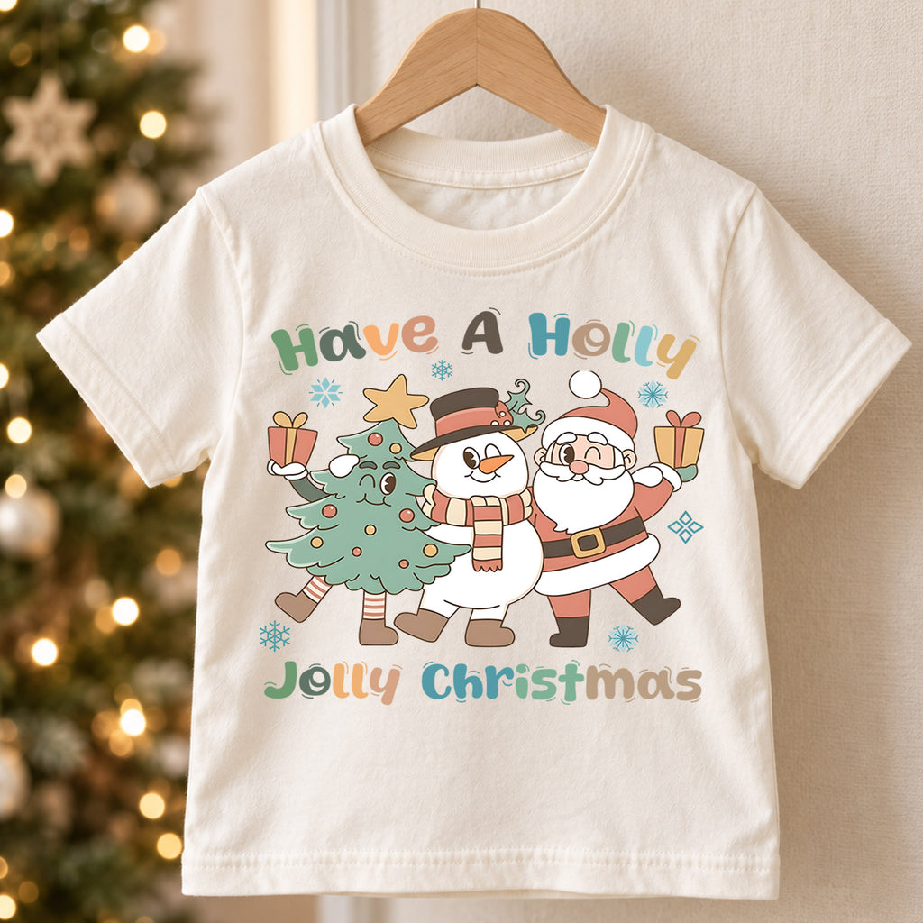 Have A Holly Jolly Christmas Kids Shirt, Cute Santa Snowman Christmas Tree Holiday Tee, Retro Xmas T Shirt, Festive Gift for Kids — product view 5