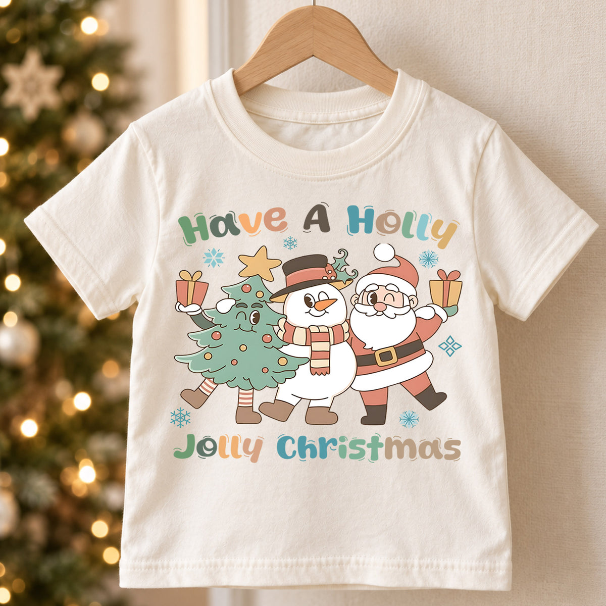 Have A Holly Jolly Christmas Kids Shirt, Cute Santa Snowman Christmas Tree Holiday Tee, Retro Xmas T Shirt, Festive Gift for Kids — product view 5