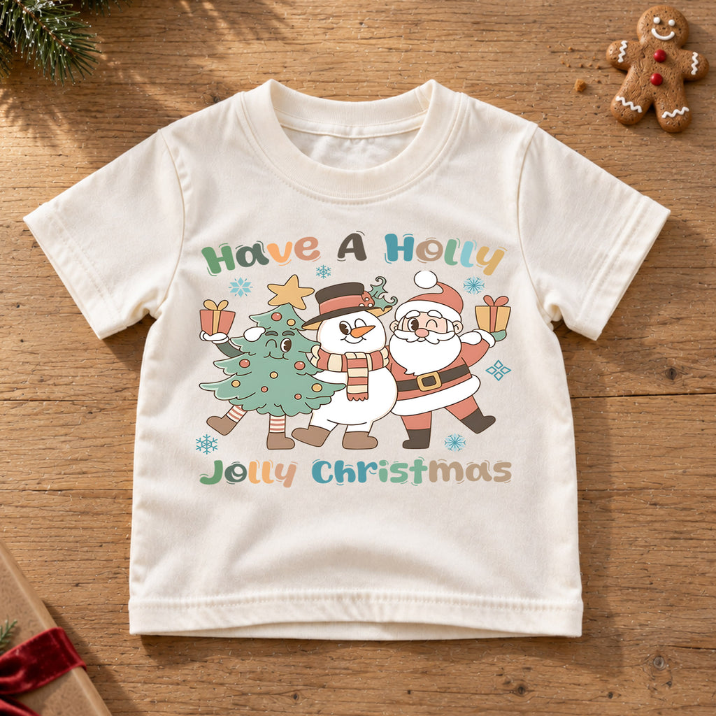 Have A Holly Jolly Christmas Kids Shirt, Cute Santa Snowman Christmas Tree Holiday Tee, Retro Xmas T Shirt, Festive Gift for Kids — product view 6