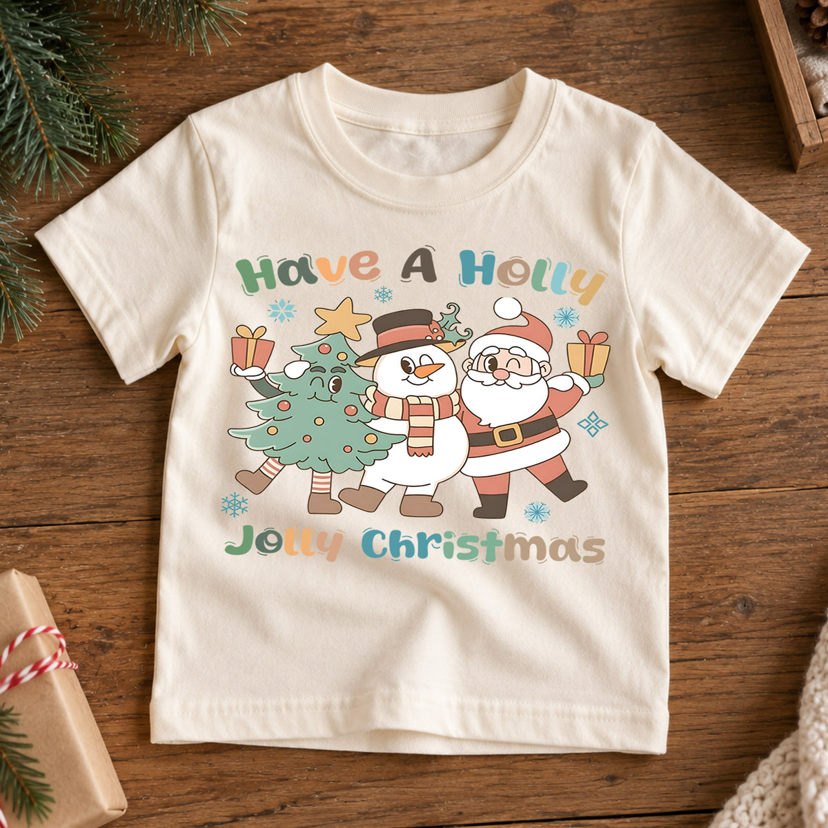 Have A Holly Jolly Christmas Kids Shirt, Cute Santa Snowman Christmas Tree Holiday Tee, Retro Xmas T Shirt, Festive Gift for Kids — product view 7