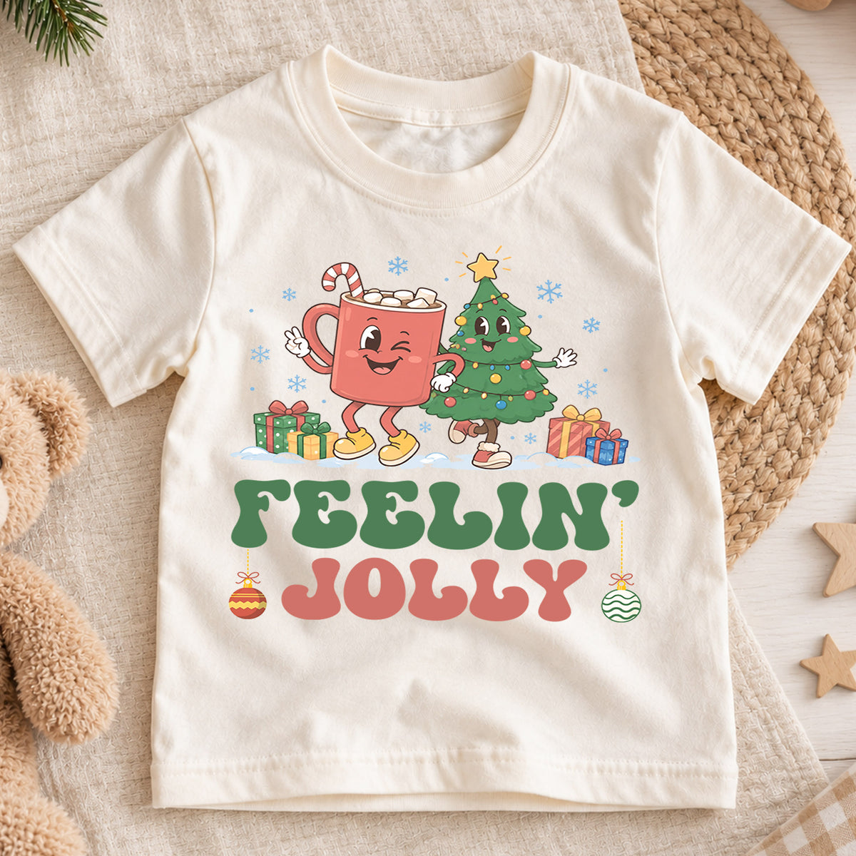 Feelin Jolly Kids Christmas Shirt, Cute Hot Cocoa Christmas Tree Tee, Retro Holiday Outfit, Festive Xmas Gift for Boys and Girls — product view 1