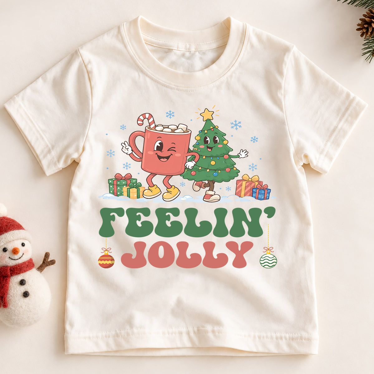 Feelin Jolly Kids Christmas Shirt, Cute Hot Cocoa Christmas Tree Tee, Retro Holiday Outfit, Festive Xmas Gift for Boys and Girls — product view 2