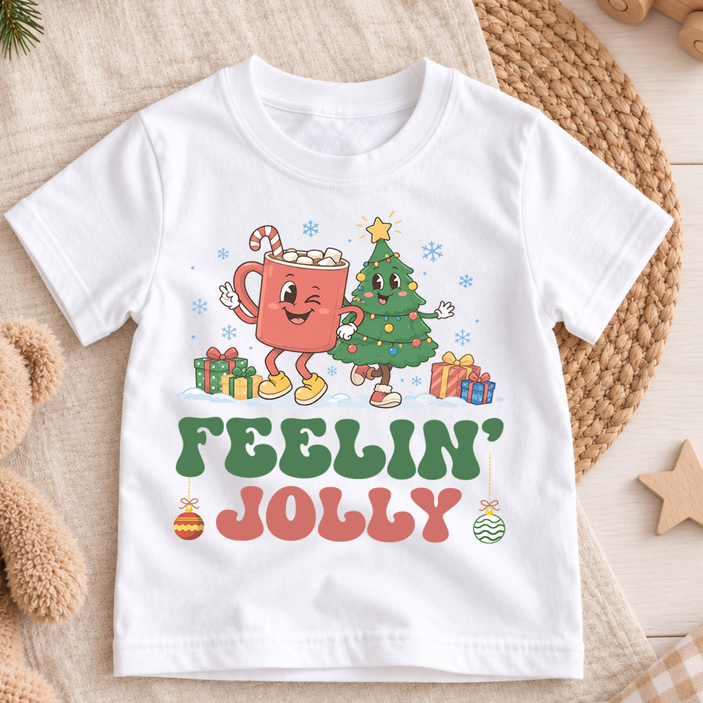 Feelin Jolly Kids Christmas Shirt, Cute Hot Cocoa Christmas Tree Tee, Retro Holiday Outfit, Festive Xmas Gift for Boys and Girls — product view 3