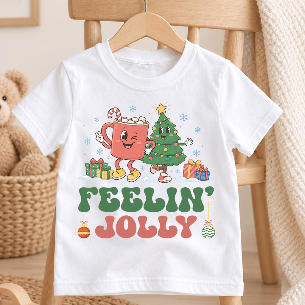 Feelin Jolly Kids Christmas Shirt, Cute Hot Cocoa Christmas Tree Tee, Retro Holiday Outfit, Festive Xmas Gift for Boys and Girls — product view 4