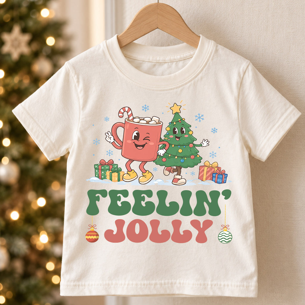 Feelin Jolly Kids Christmas Shirt, Cute Hot Cocoa Christmas Tree Tee, Retro Holiday Outfit, Festive Xmas Gift for Boys and Girls — product view 5