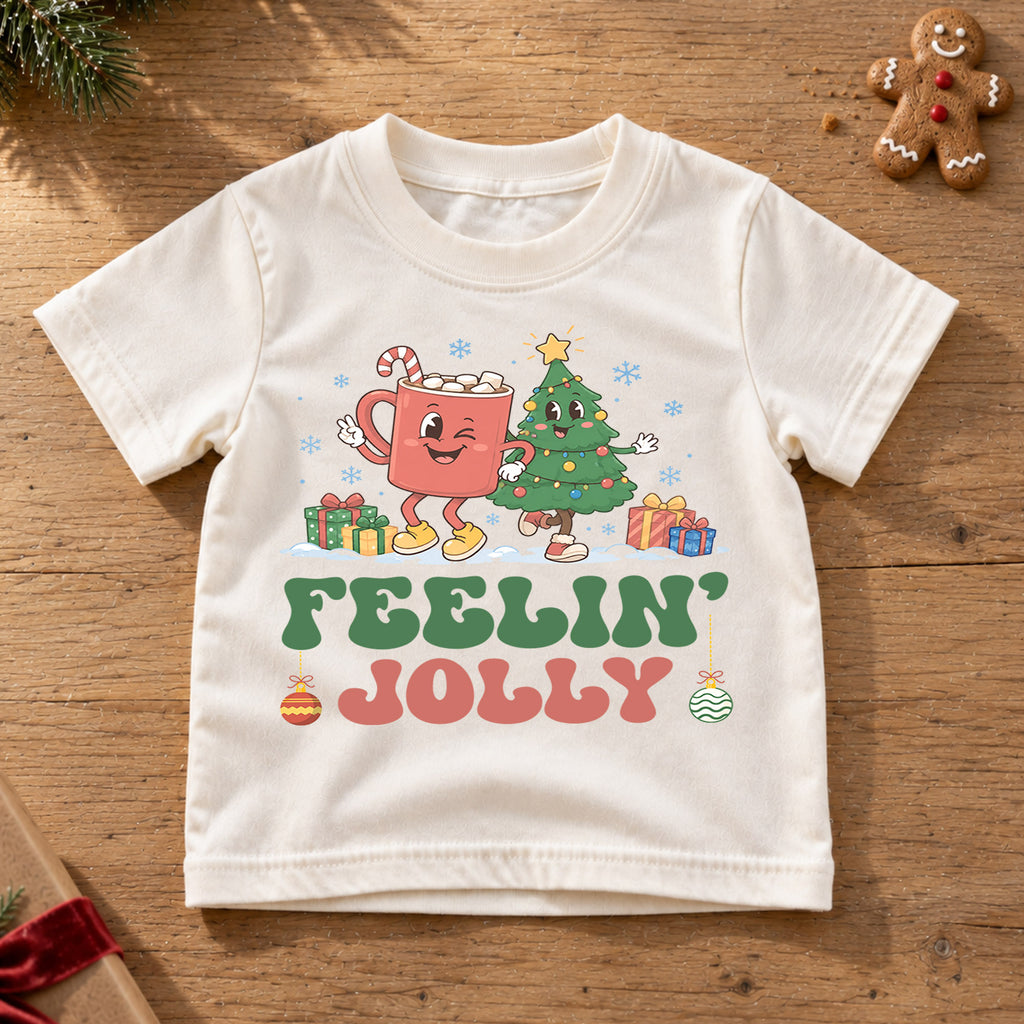 Feelin Jolly Kids Christmas Shirt, Cute Hot Cocoa Christmas Tree Tee, Retro Holiday Outfit, Festive Xmas Gift for Boys and Girls — product view 6