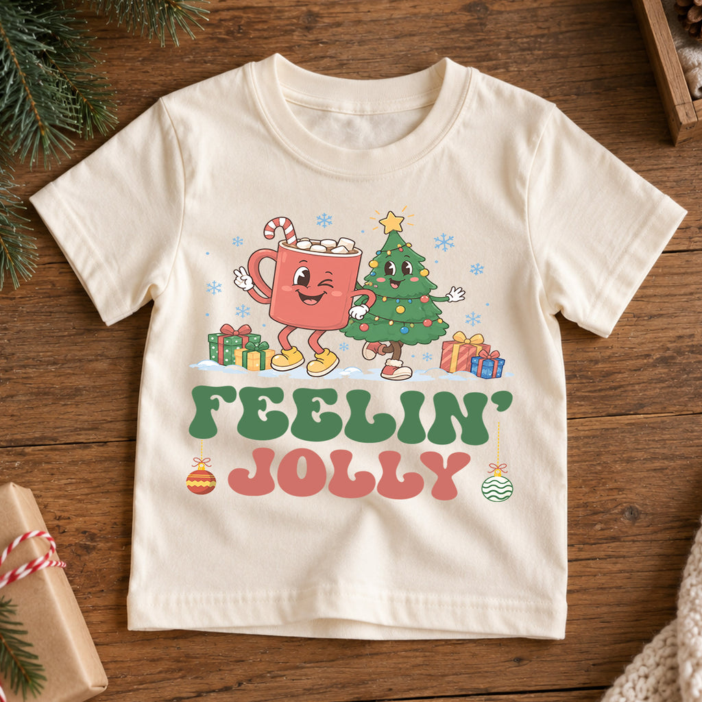 Feelin Jolly Kids Christmas Shirt, Cute Hot Cocoa Christmas Tree Tee, Retro Holiday Outfit, Festive Xmas Gift for Boys and Girls — product view 7