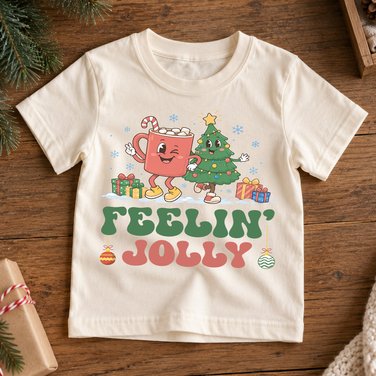 Feelin Jolly Kids Christmas Shirt, Cute Hot Cocoa Christmas Tree Tee, Retro Holiday Outfit, Festive Xmas Gift for Boys and Girls — product view 7