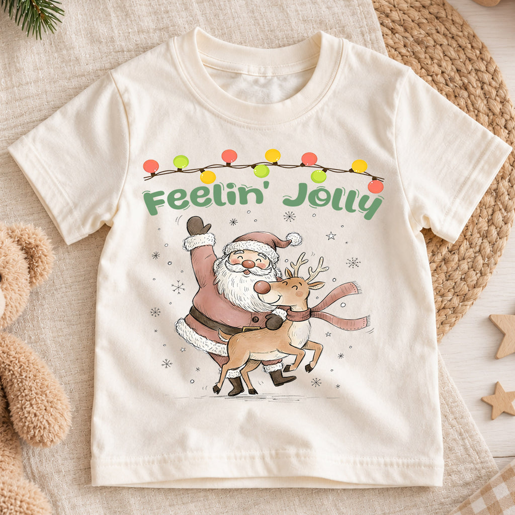 Feelin Jolly Santa Reindeer Kids Christmas Shirt, Vintage Holiday T Shirt, Cute Retro Xmas Outfit, Festive Christmas Gift for Kids — product view 1