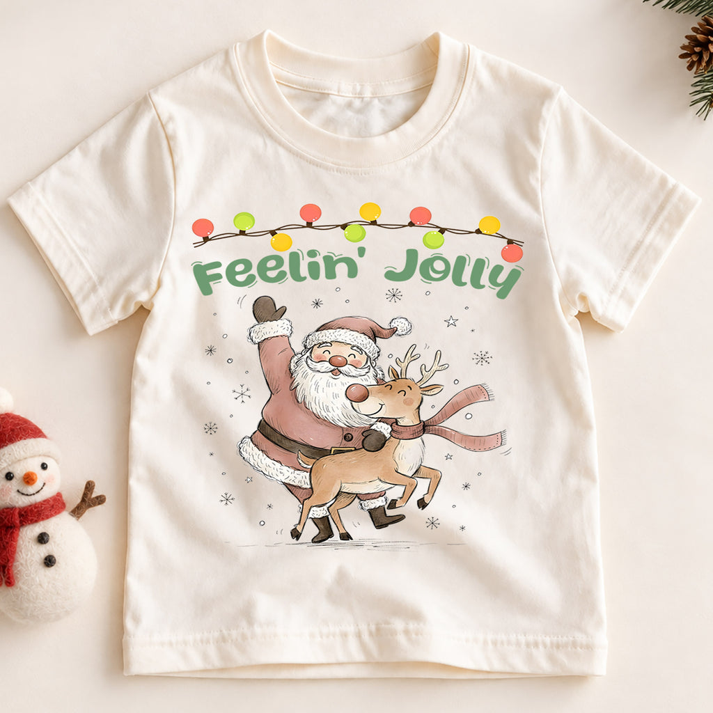 Feelin Jolly Santa Reindeer Kids Christmas Shirt, Vintage Holiday T Shirt, Cute Retro Xmas Outfit, Festive Christmas Gift for Kids — product view 2