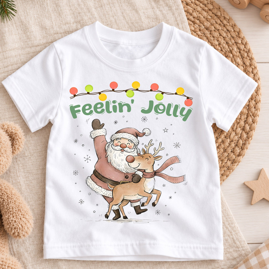 Feelin Jolly Santa Reindeer Kids Christmas Shirt, Vintage Holiday T Shirt, Cute Retro Xmas Outfit, Festive Christmas Gift for Kids — product view 3