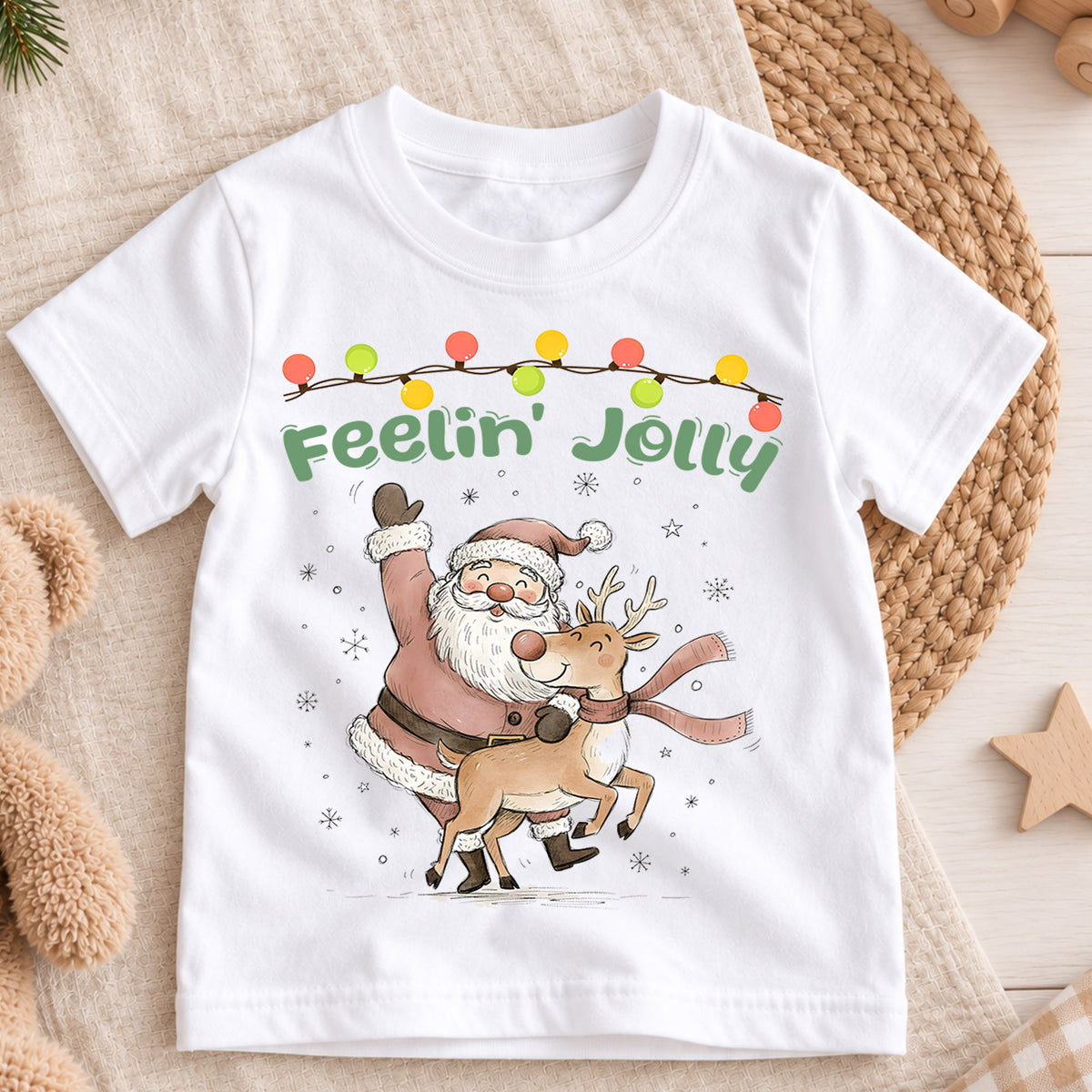 Feelin Jolly Santa Reindeer Kids Christmas Shirt, Vintage Holiday T Shirt, Cute Retro Xmas Outfit, Festive Christmas Gift for Kids — product view 3