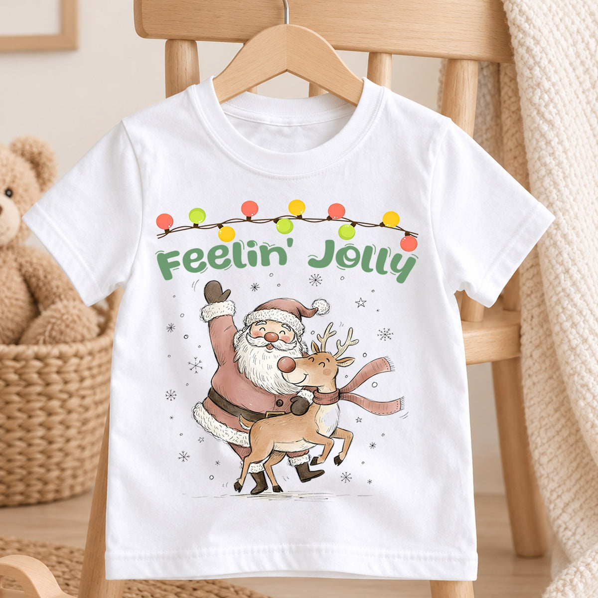 Feelin Jolly Santa Reindeer Kids Christmas Shirt, Vintage Holiday T Shirt, Cute Retro Xmas Outfit, Festive Christmas Gift for Kids — product view 4