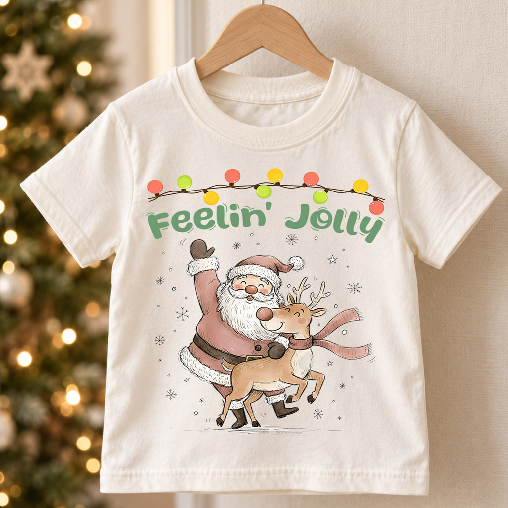 Feelin Jolly Santa Reindeer Kids Christmas Shirt, Vintage Holiday T Shirt, Cute Retro Xmas Outfit, Festive Christmas Gift for Kids — product view 5