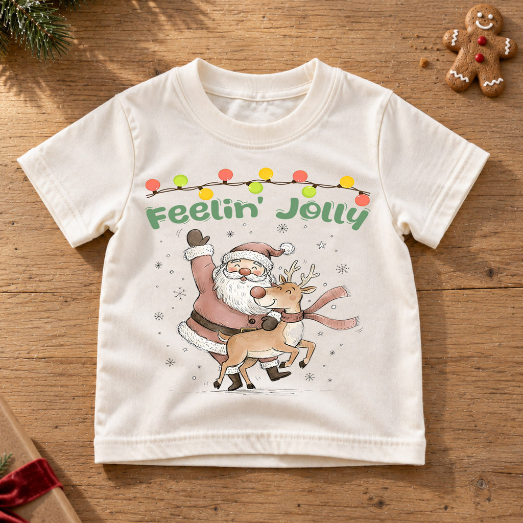 Feelin Jolly Santa Reindeer Kids Christmas Shirt, Vintage Holiday T Shirt, Cute Retro Xmas Outfit, Festive Christmas Gift for Kids — product view 6