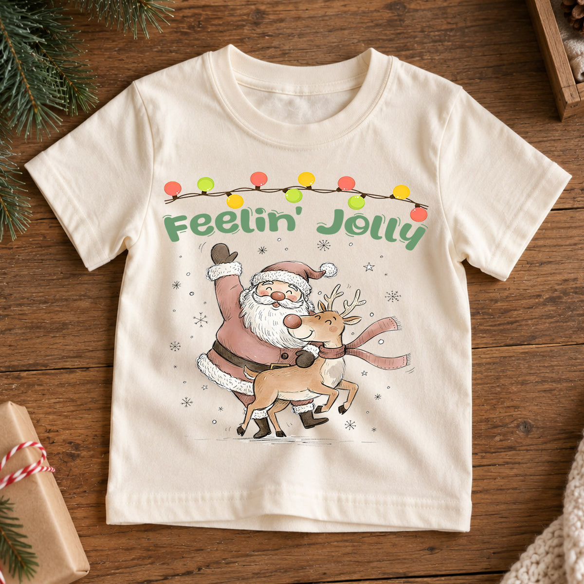 Feelin Jolly Santa Reindeer Kids Christmas Shirt, Vintage Holiday T Shirt, Cute Retro Xmas Outfit, Festive Christmas Gift for Kids — product view 7