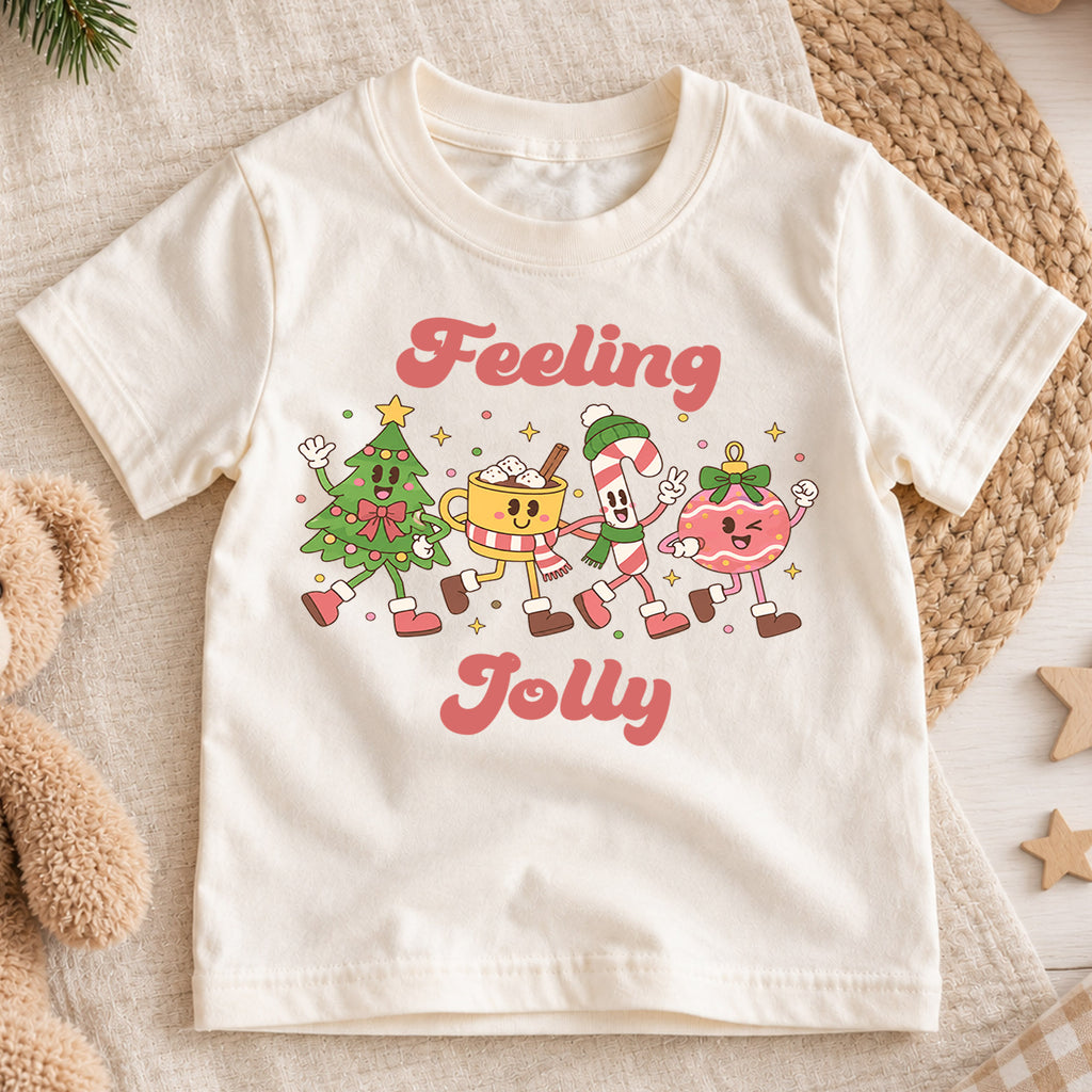 Feeling Jolly Kids Christmas Shirt, Cute Christmas Tree Candy Cane Cocoa Tee, Retro Holiday T Shirt, Festive Xmas Gift for Kids — product view 1