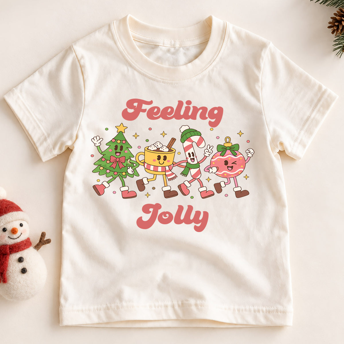 Feeling Jolly Kids Christmas Shirt, Cute Christmas Tree Candy Cane Cocoa Tee, Retro Holiday T Shirt, Festive Xmas Gift for Kids — product view 2
