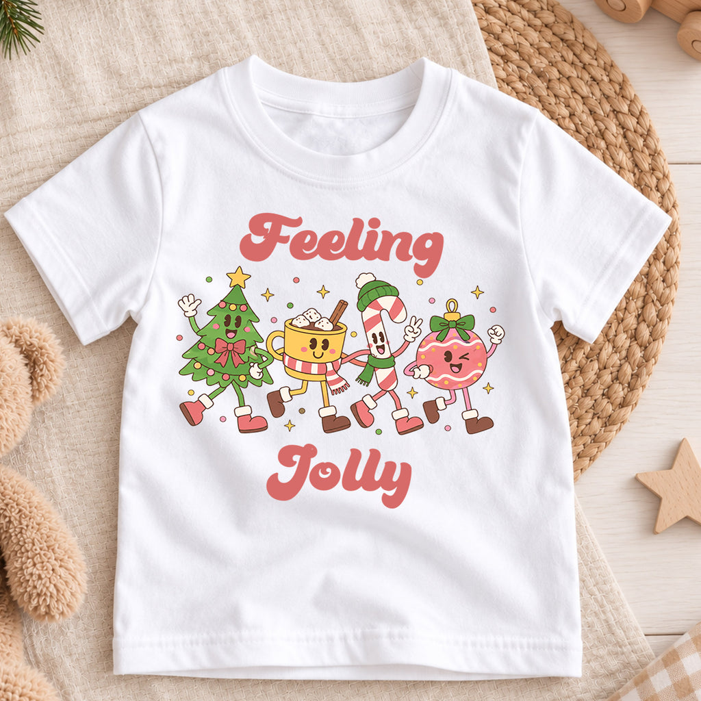 Feeling Jolly Kids Christmas Shirt, Cute Christmas Tree Candy Cane Cocoa Tee, Retro Holiday T Shirt, Festive Xmas Gift for Kids — product view 3
