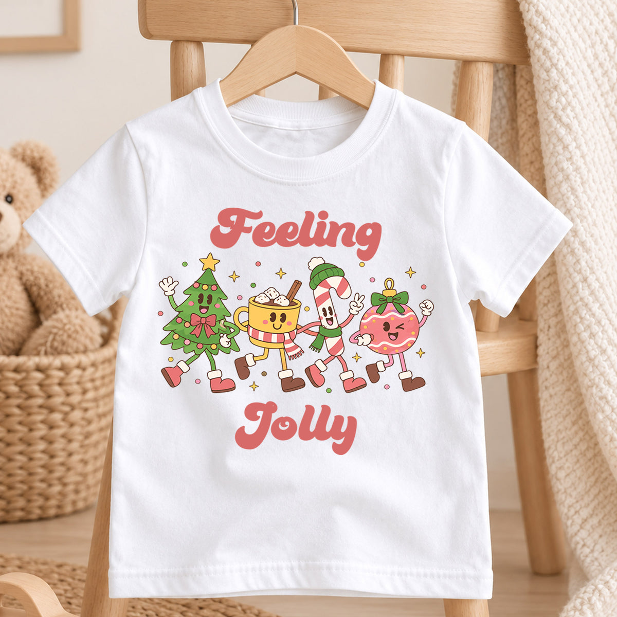Feeling Jolly Kids Christmas Shirt, Cute Christmas Tree Candy Cane Cocoa Tee, Retro Holiday T Shirt, Festive Xmas Gift for Kids — product view 4