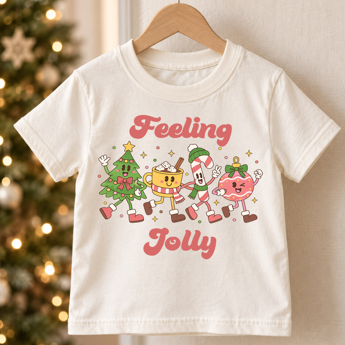 Feeling Jolly Kids Christmas Shirt, Cute Christmas Tree Candy Cane Cocoa Tee, Retro Holiday T Shirt, Festive Xmas Gift for Kids — product view 5