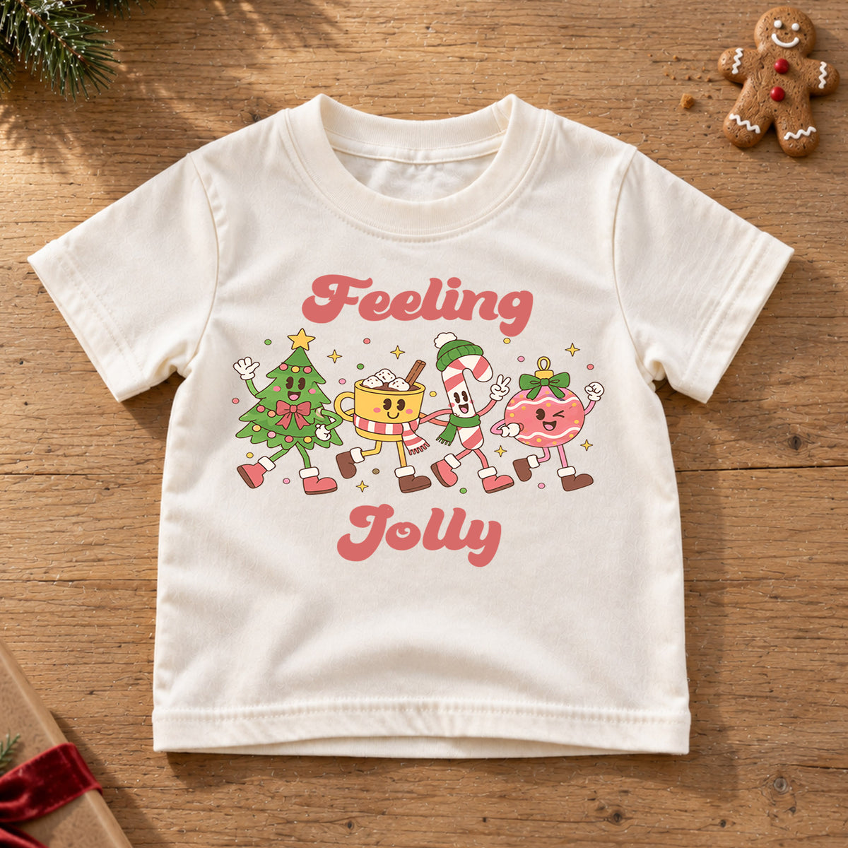Feeling Jolly Kids Christmas Shirt, Cute Christmas Tree Candy Cane Cocoa Tee, Retro Holiday T Shirt, Festive Xmas Gift for Kids — product view 6