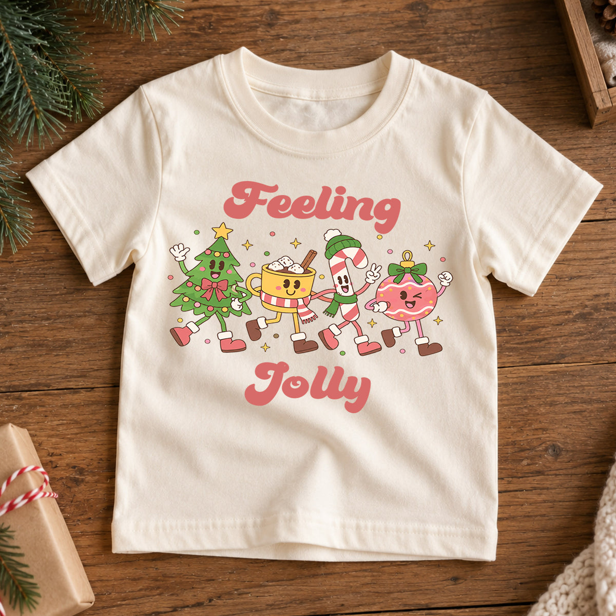 Feeling Jolly Kids Christmas Shirt, Cute Christmas Tree Candy Cane Cocoa Tee, Retro Holiday T Shirt, Festive Xmas Gift for Kids — product view 7