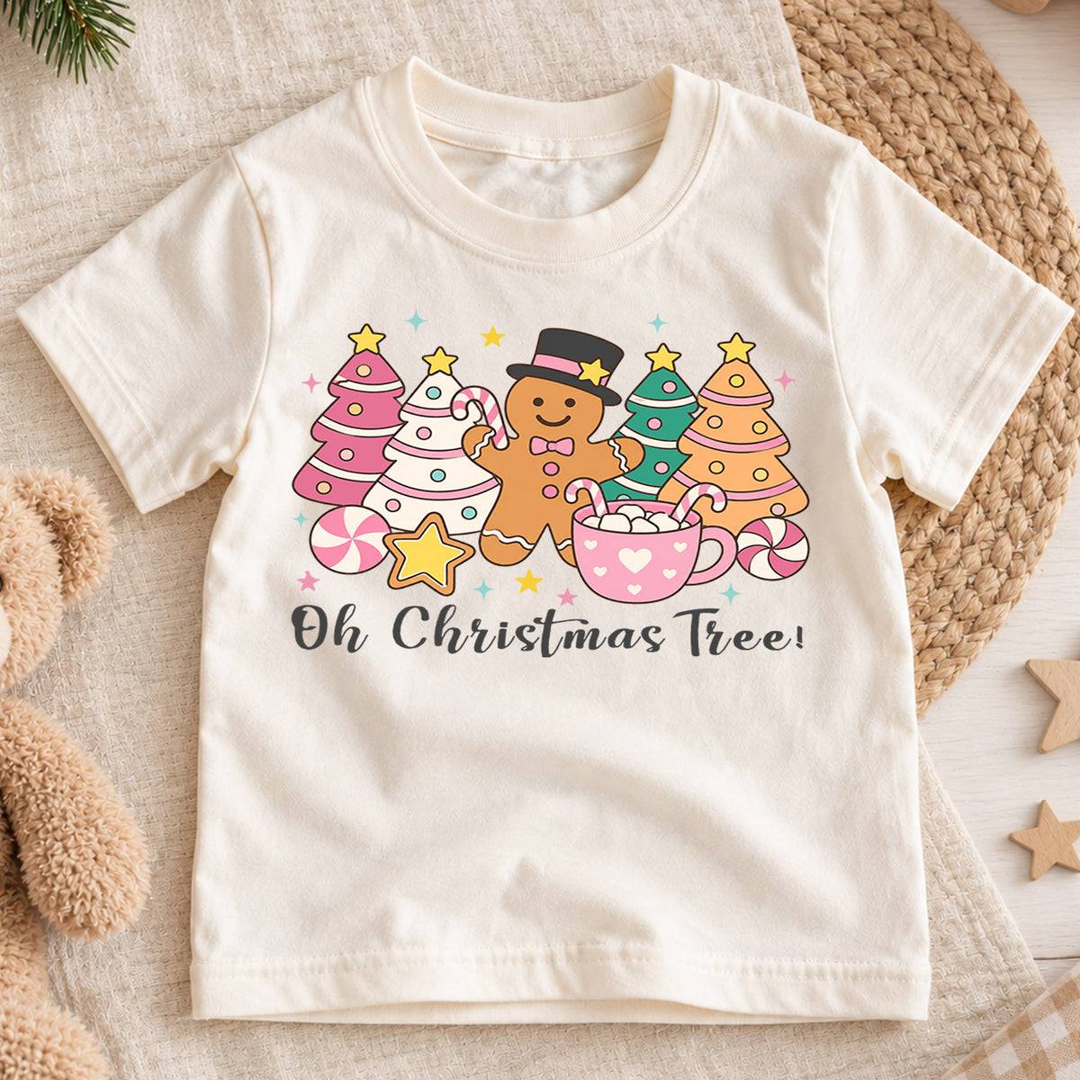 Oh Christmas Tree Kids Shirt, Pastel Gingerbread Holiday Tee, Pink Christmas Tree T Shirt, Cute Xmas Gift for Girls and Kids — product view 1