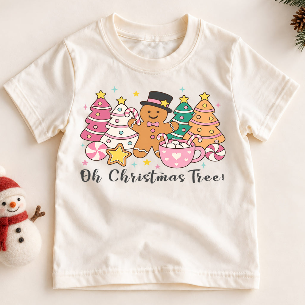 Oh Christmas Tree Kids Shirt, Pastel Gingerbread Holiday Tee, Pink Christmas Tree T Shirt, Cute Xmas Gift for Girls and Kids — product view 2