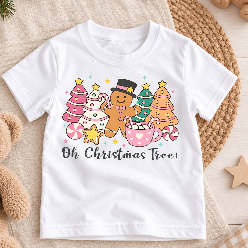 Oh Christmas Tree Kids Shirt, Pastel Gingerbread Holiday Tee, Pink Christmas Tree T Shirt, Cute Xmas Gift for Girls and Kids — product view 3