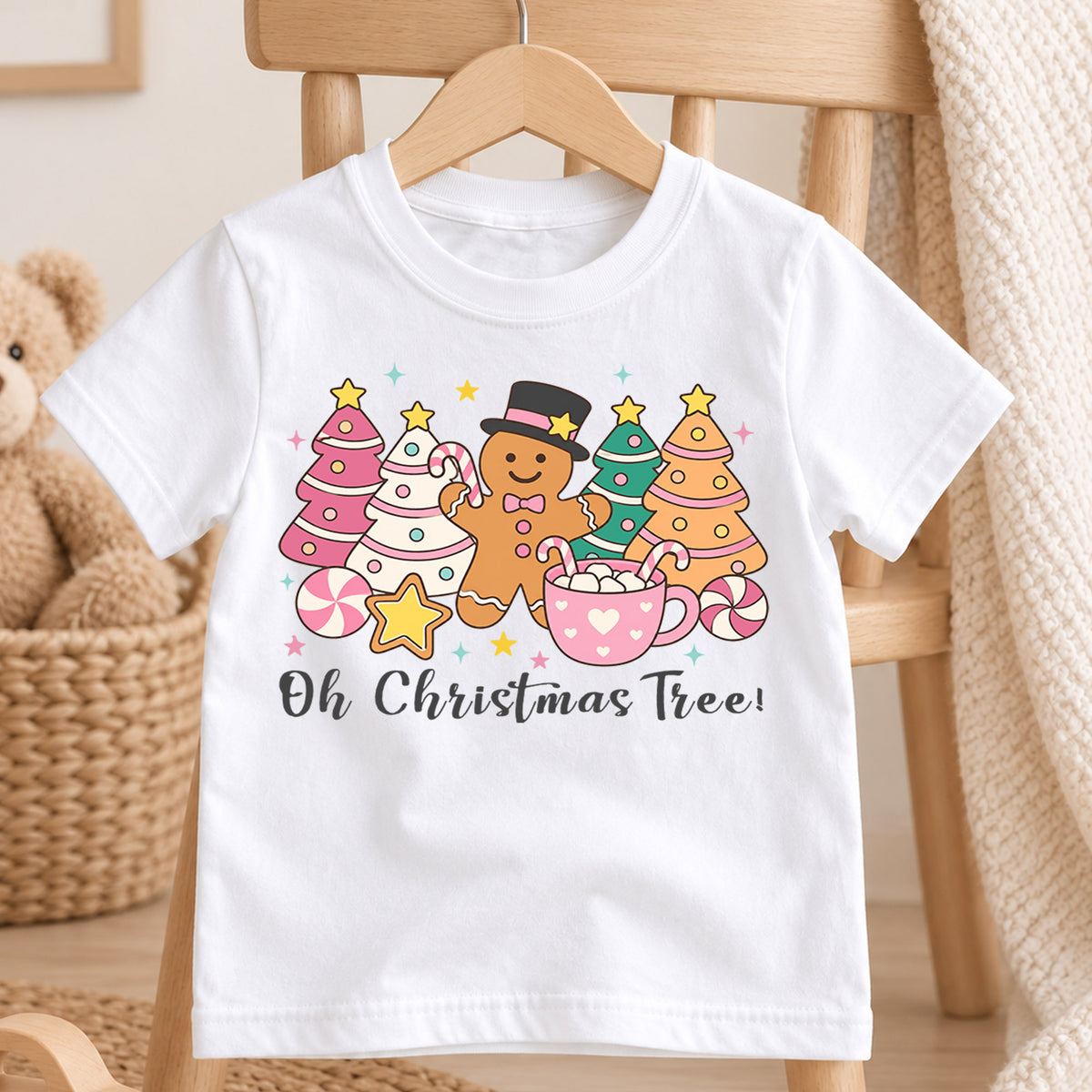 Oh Christmas Tree Kids Shirt, Pastel Gingerbread Holiday Tee, Pink Christmas Tree T Shirt, Cute Xmas Gift for Girls and Kids — product view 4